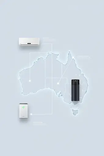 installer doing happy pose in background Australia map with small image of heat pump, air conditioner and solar battery 