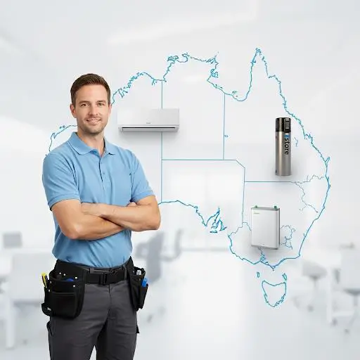 installer stand and background Australia map with small image of heat pump, air conditioner and solar battery