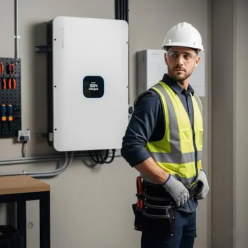image showing solar battery with installer person