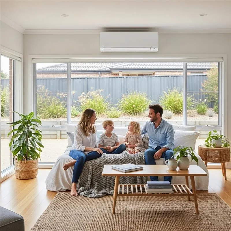 A family relaxes on a couch in their living room, sunlight streaming through a window in the background air conditioner installed.