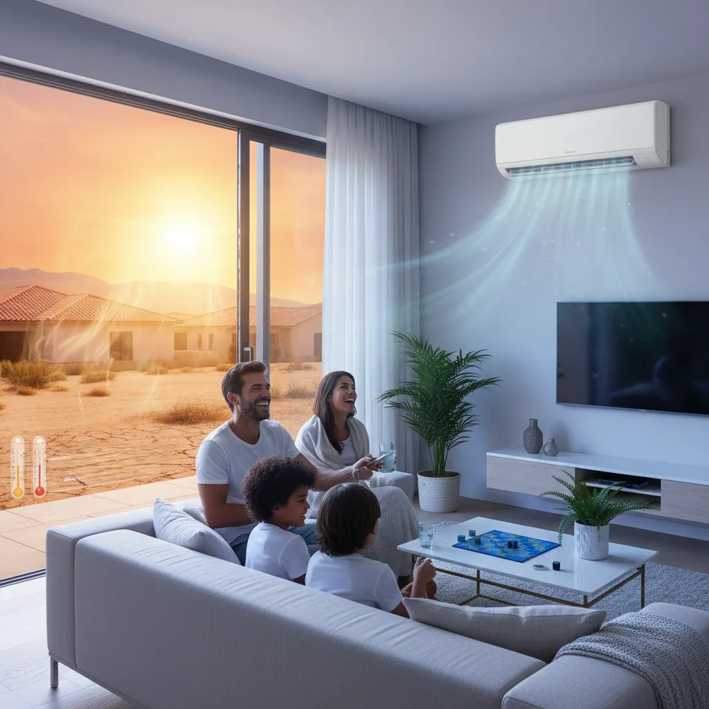 A family relaxes in a living room with a TV and air conditioner, enjoying quality time together. And extreme heat flow outside the home