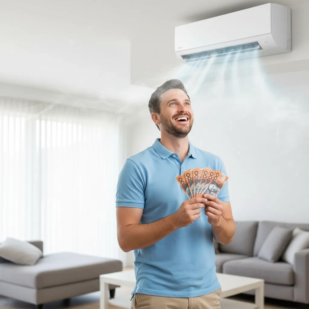 In a living room, a man holds money, looking pleased after get payback from air conditioner.