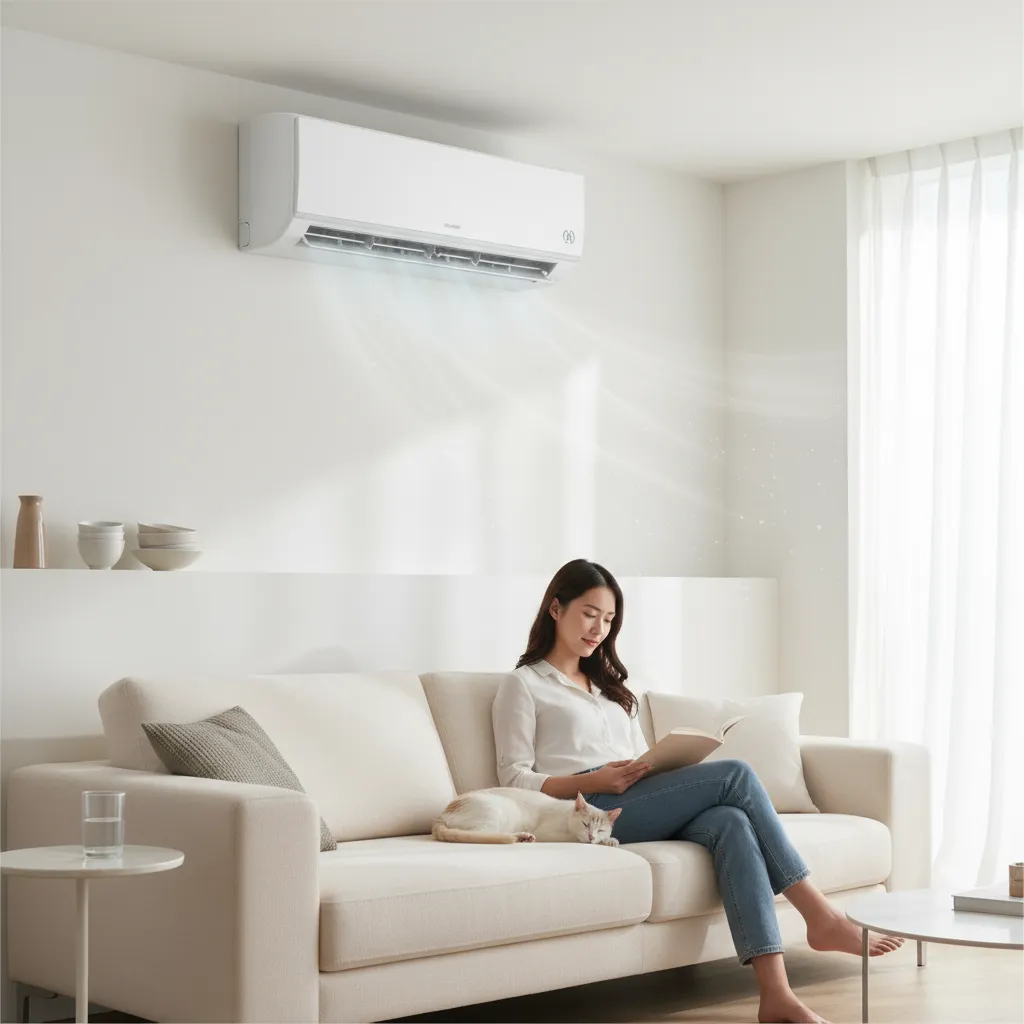 A woman reading a book with out any ac noise while seated in front of a wall-mounted air conditioner.