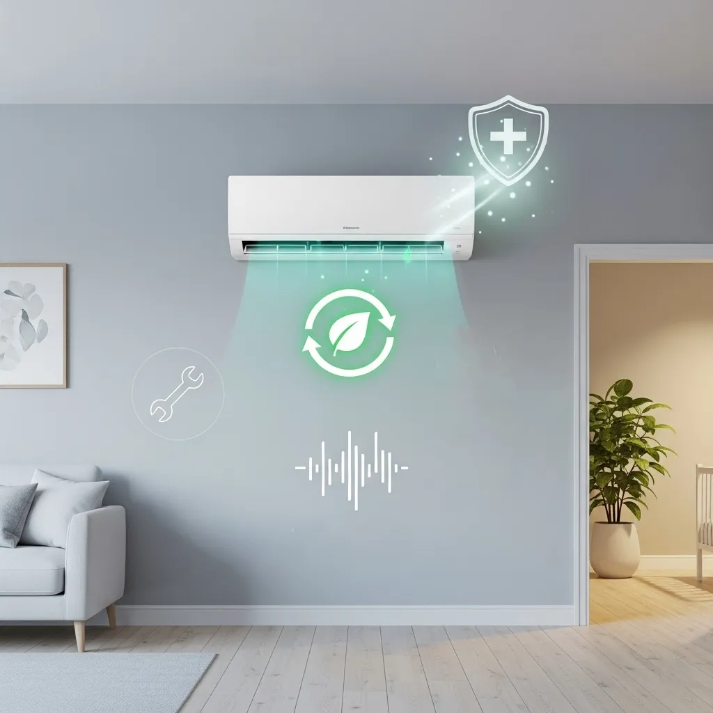A modern living room with a wall-mounted air conditioner, enhancing comfort and style.