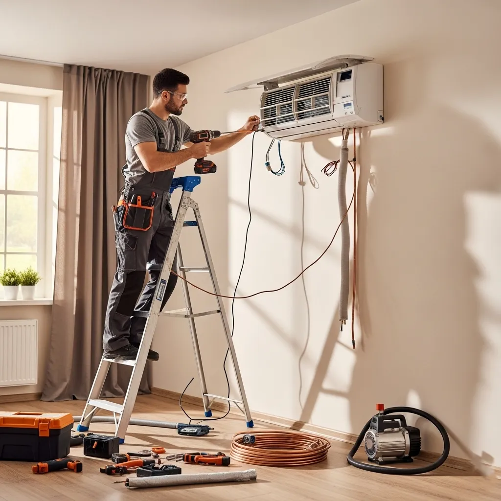 A man repairs an air conditioner in a room, focused on the unit with tools nearby.