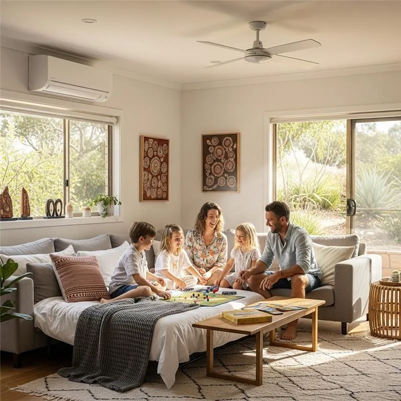 A family of four sitting together on a couch in a cozy living room, surrounded by warm lighting and decorative elements.