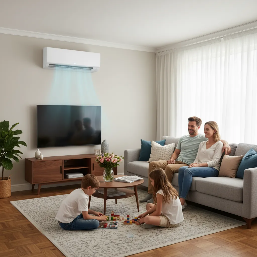  A family of four sitting together on a couch, watching TV in a cozy living room and enjoy cool air.