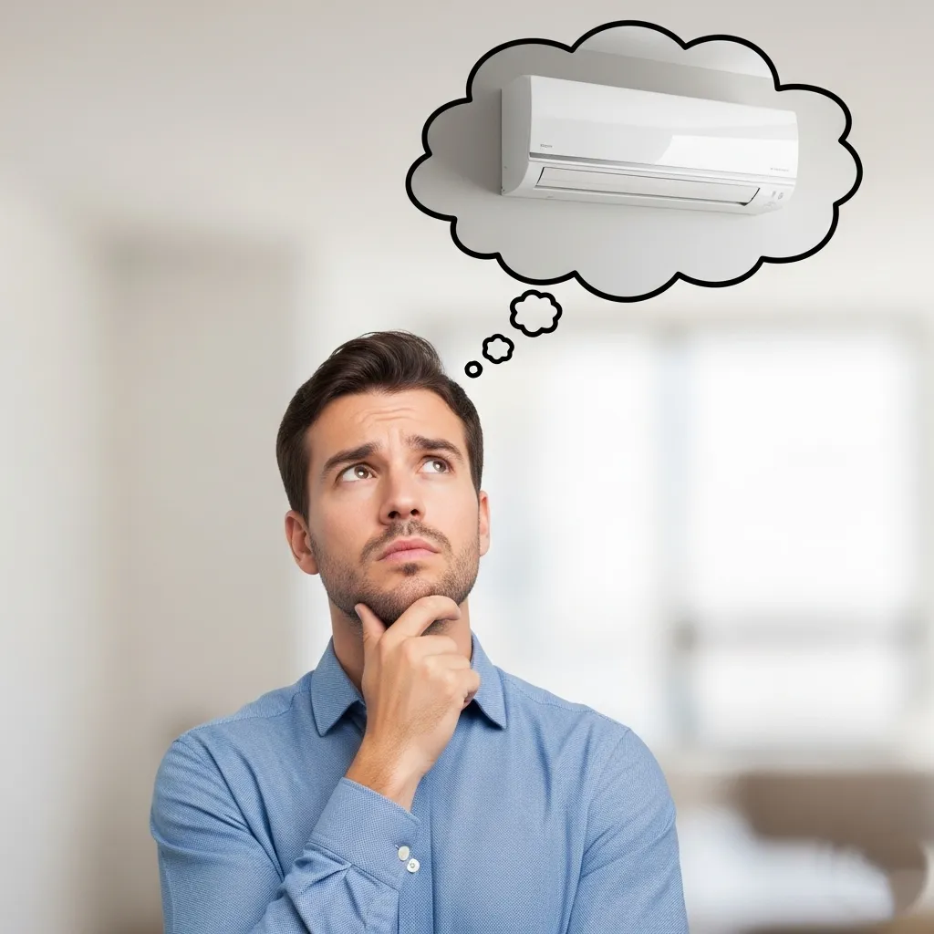 Thoughtful man reflecting on the need for an air conditioner during hot weather.
