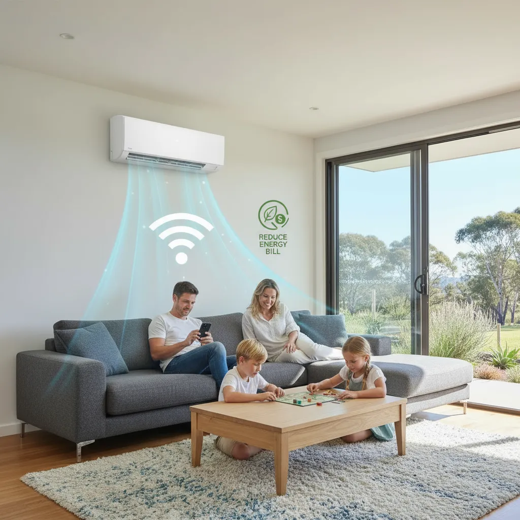 Air conditioner mounted on the wall in a cozy living room with a sofa and decorative plants.
