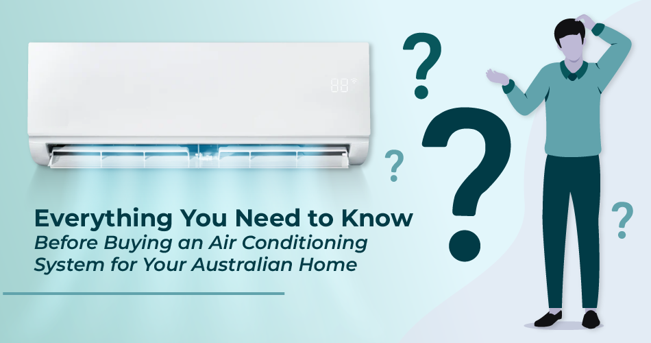 blog image showing a wall-mounted air conditioning system with a homeowner considering options for buying the right air conditioner in an Australian home