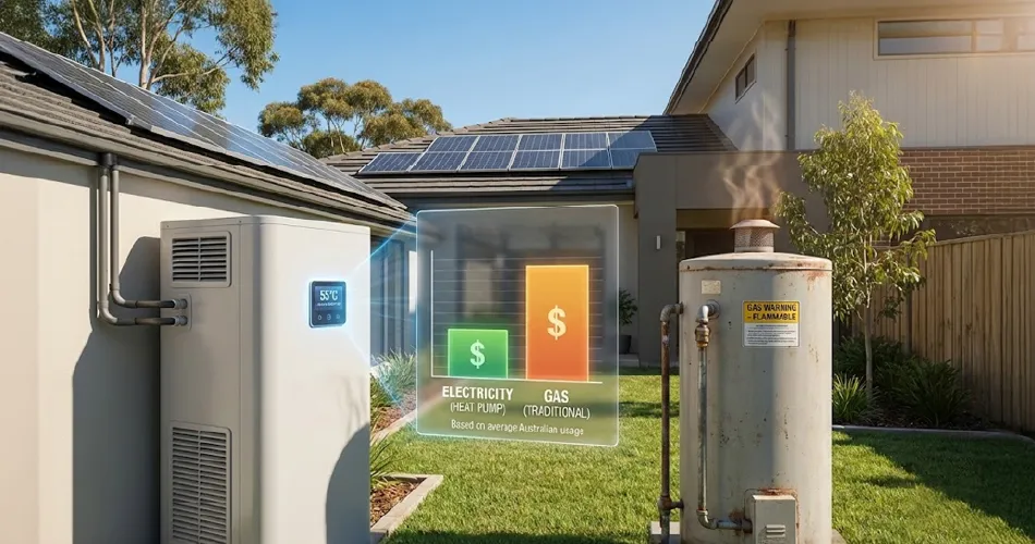 Heat pump hot water system compared with gas hot water system showing lower running costs for electricity versus gas in an Australian home