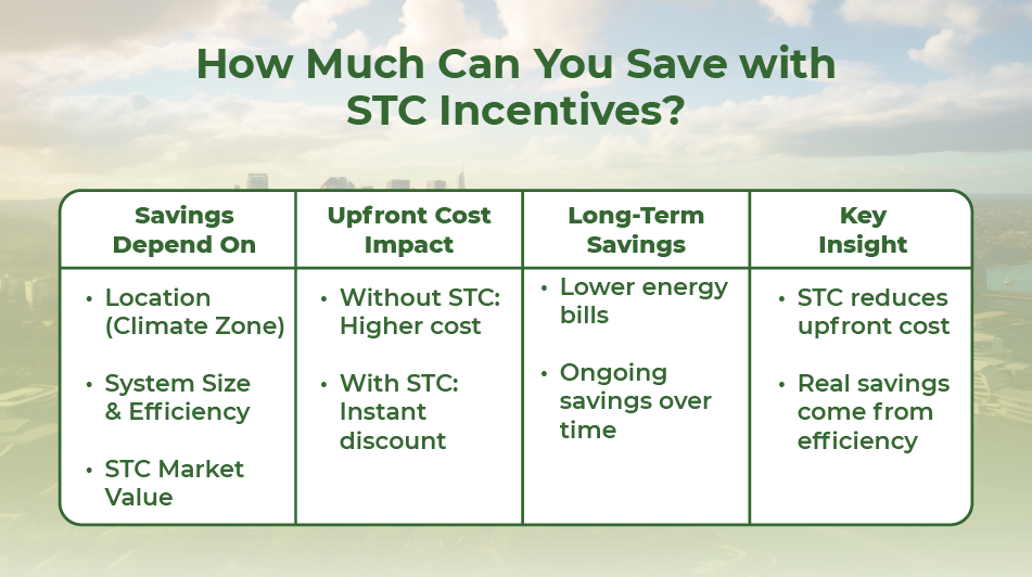 STC incentives savings breakdown showing upfront cost reduction, long-term energy savings, and key factors affecting savings.