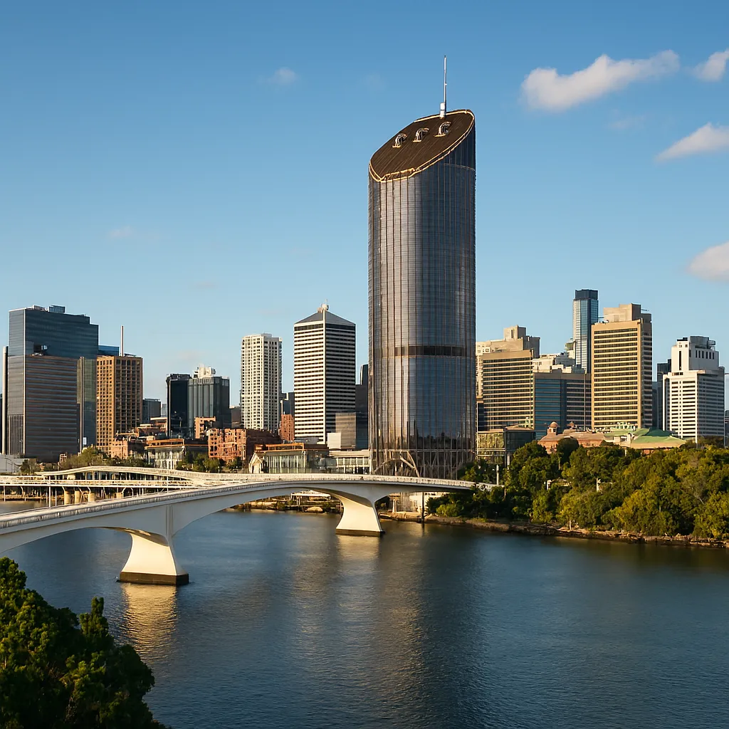 A city skyline featuring tall buildings and a bridge spanning a river under a clear blue sky 
