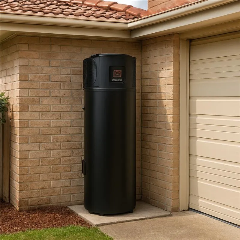 A large black water heater positioned in front of a house, showcasing its size and placement in the residential setting.