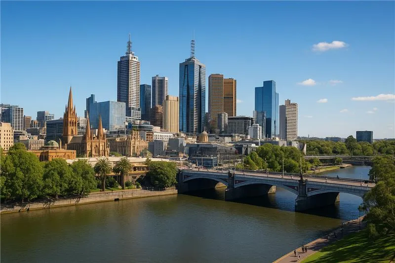 The Melbourne skyline with a scenic river and bridge, showcasing urban architecture
