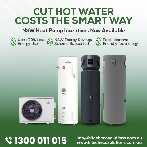 NSW heat pump hot water systems showing energy-efficient units with NSW heat pump incentives available to reduce hot water energy costs.