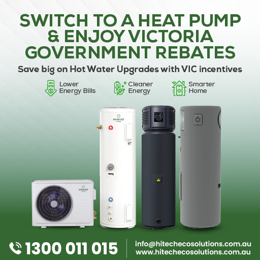 Heat pump hot water systems with Victoria government rebates, promoting cleaner energy, lower energy bills, and smart home upgrades.