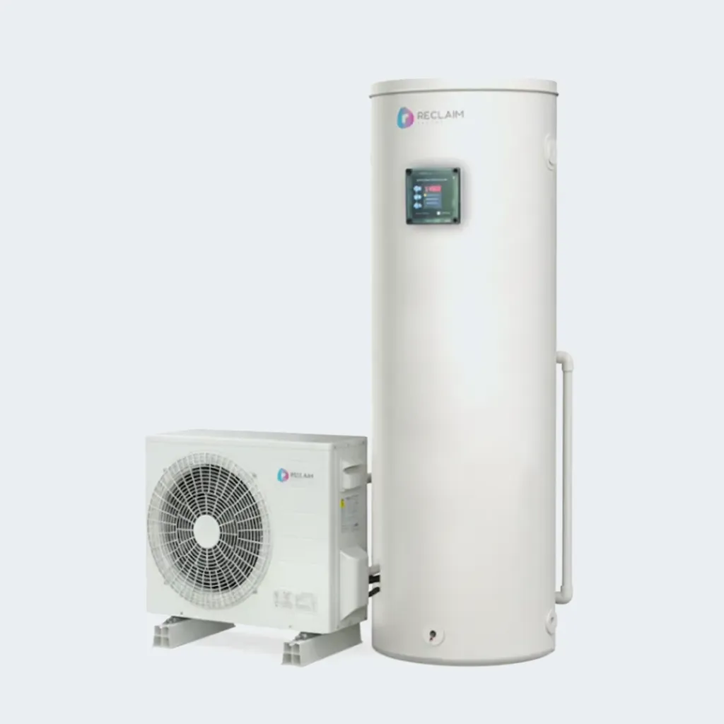heat pump unit featuring a digital display and ventilation grilles.