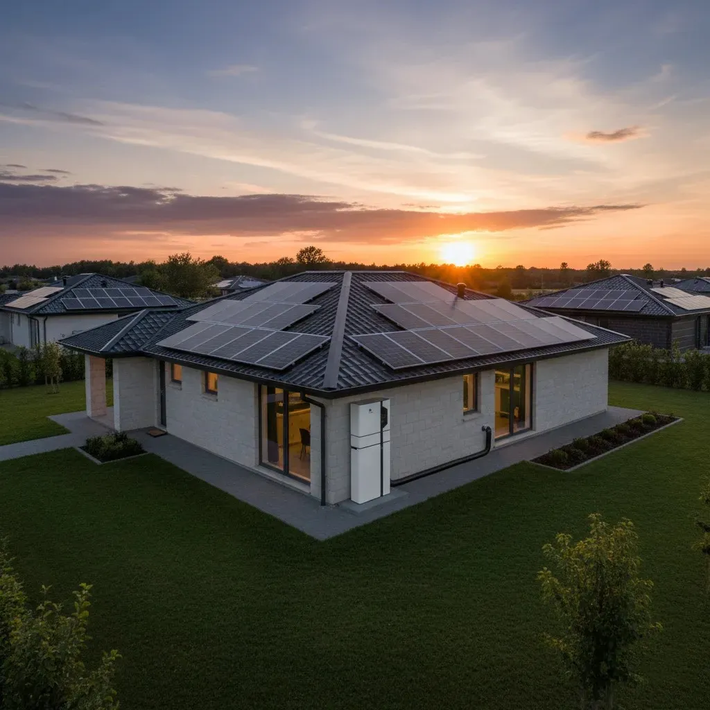  A modern home featuring solar panels installed on the roof, showcasing sustainable energy solutions.