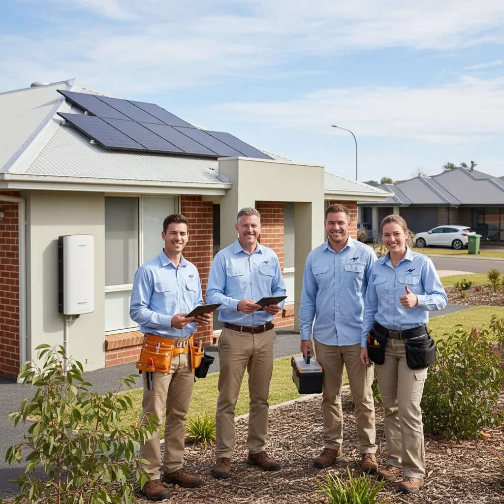 Australian local installer stand in front of a house equipped with solar panels, showcasing renewable energy solutions.