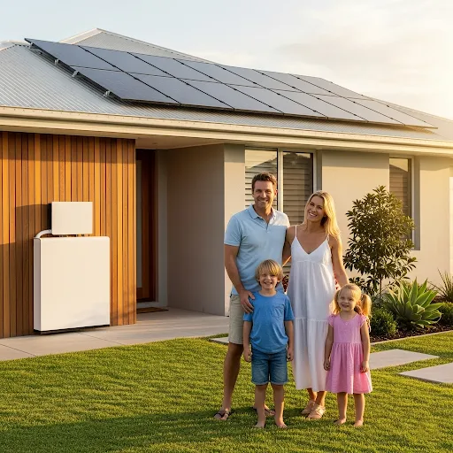 A family stands proudly in front of their home, featuring solar panels installed on the roof and get benefits from solar battery