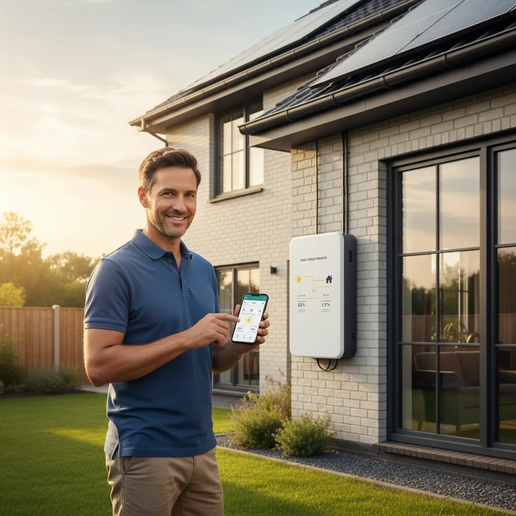 A residential solar energy system with solar panels on the roof, harnessing sunlight for electricity production through smart application.