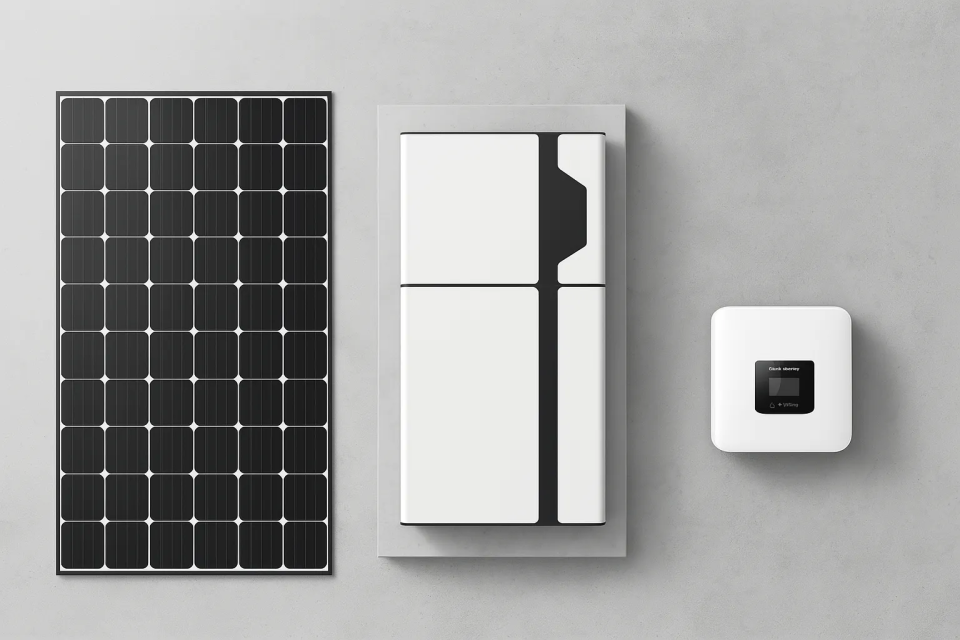 Solar panels and battery placed on a gray surface, showcasing renewable energy and energy-efficient appliances.